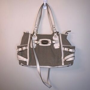 Michael Kors Gansevoort Canvas Satchel Leather Handbag Tan White